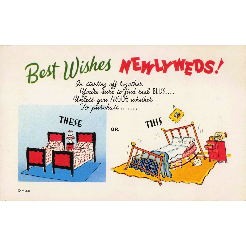 Vintage Noble Greeting Postcard Best Wishes Newlyweds Comic Twin vs Double Bed - Picture 1 of 2